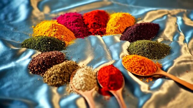 Colorful Spice Powders in a Circle on Blue Silk Fabric.