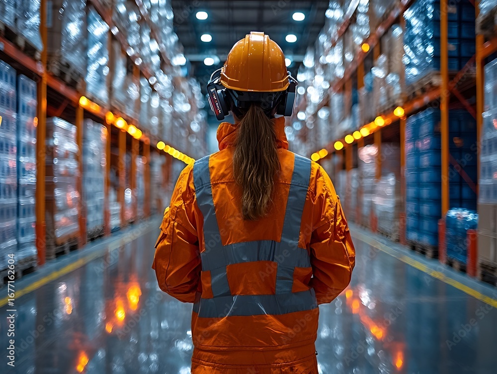 Aufkleber worker in high visibility uniform scanning barcodes in an efficient warehouse
