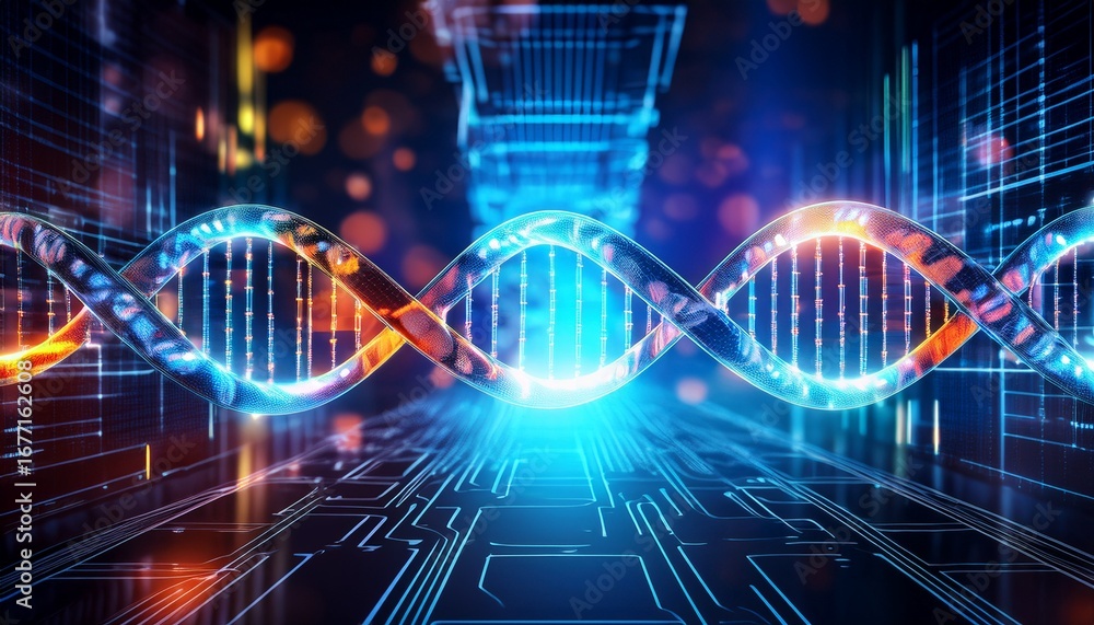 Poster a futuristic visualization of dna strands illuminated within a digital cyberspace highlighting biote