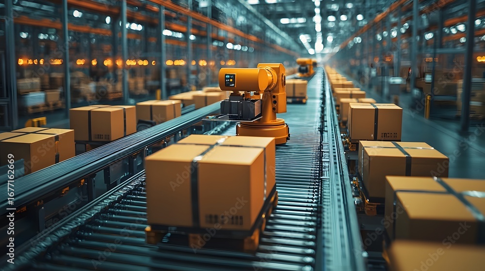 Aufkleber efficient distribution center with automated conveyor system and storage of merchandise