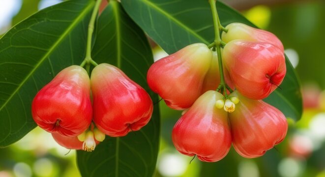 Close up of vibrant rose apples hanging from a tree branch in a tropical garden