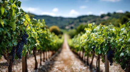 Naklejka premium A picturesque vineyard stretches into the distance under a vibrant blue sky, showcasing rows of grapevines laden with plump, dark grapes.