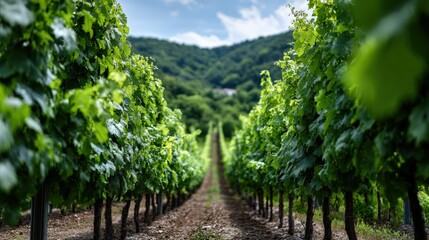 Naklejka premium A verdant vineyard stretches into the distance, showcasing lush green foliage and rows of grapevines.