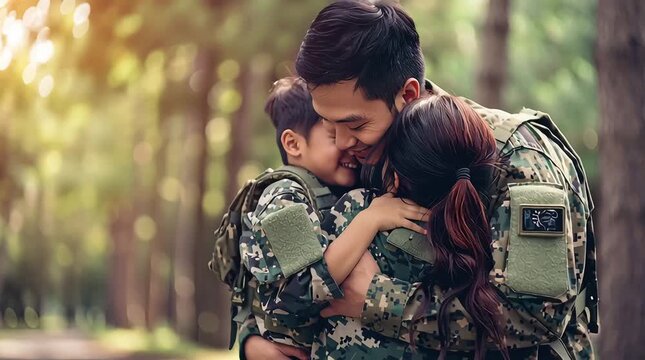 A man and a woman are hugging a child. The man is wearing a military uniform