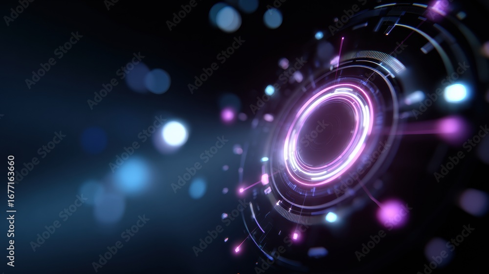 Poster abstract digital background with glowing circles and vibrant colors, creating futuristic atmosphere.
