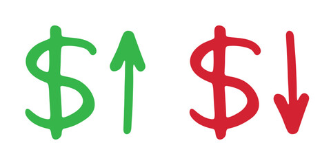 Hand drawn dollar currency symbol Growth and fall profit with arrow up and down Brush stroke doodle Element for design