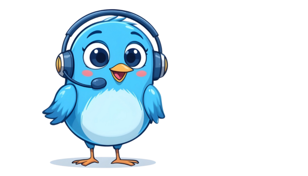 Cute Blue Bird Wearing a Headset PNG with Transparent Background - Adorable Mascot for Customer Service and Technology