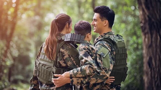 A man and two children are walking in the woods. The man is wearing a military uniform. The children are wearing military uniforms as well