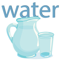 Glass decanter and glass glass with water, vector drawing. Transparent liquid tableware on a white background.