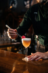 Bartender Garnishing Cocktail with Flower