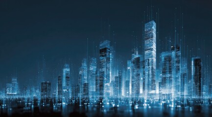 Futuristic city skyline at night, illuminated by digital networks