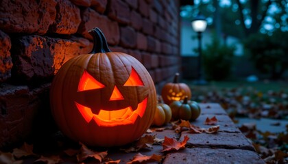 An autumnal Halloween scene featuring a carved pumpkin with a jack o' lantern face resting on a porch wall