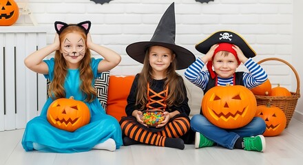 Halloween Fun Three Children Dressed as Cat Witch and Pirate Celebrate with Pumpkins and Candy Sharing Joy and