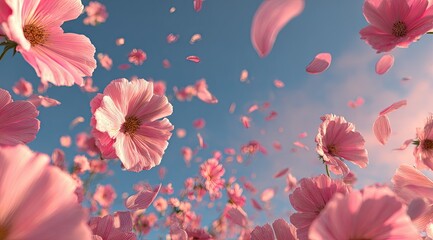 Pink cosmos flowers float in the air