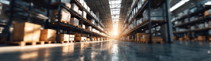 Warehouse interior, rows of shelves filled with boxes. Sunlight streams down a wide aisle
