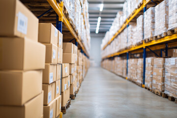 Obraz premium Packaged goods neatly stored in a modern warehouse interior