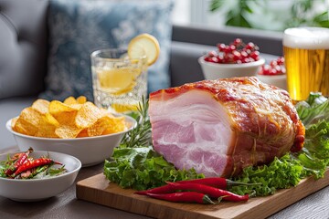 Smoked ham centerpiece on a wooden board, surrounded by snacks and drinks