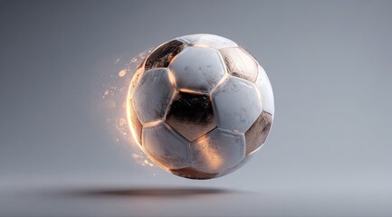 A weathered, golden-bronze soccer ball, illuminated by a halo of light, floats against a neutral backdrop