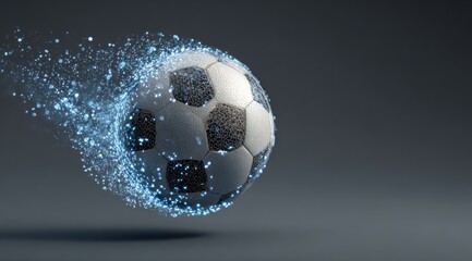 Soccer ball explodes in a digital dust cloud against a muted gray background