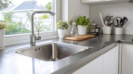 Stainless steel kitchen countertop with sink and window view