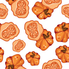 seamless pattern with autumn bright icon of a pumpkin cut into two halves with seeds in it, round shape, for autumn designs or patterns and packaging