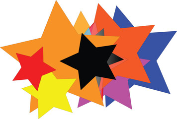 Colorful starburst illustration with overlapping star shapes in a vivid palette, an abstract geometric vector graphic for festive occasions