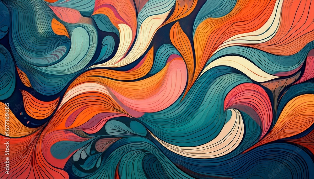 Poster an abstract pattern background featuring a blend of bold organic shapes and delicate lines in vibran