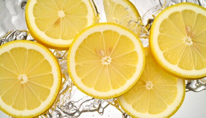 Dynamic splash of water with vibrant lemon slices—bright yellow citrus in motion, refreshing and clean aesthetic with crisp clarity.