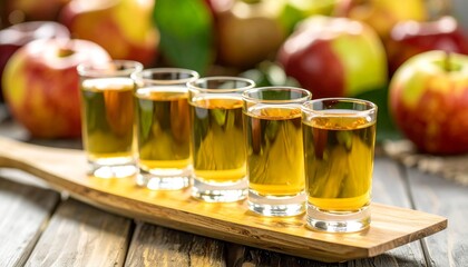 Rustic apple cider tasting setup—four glasses of golden-brown liquid on wooden board, surrounded by red and green apples, warm natural light and cozy textures.