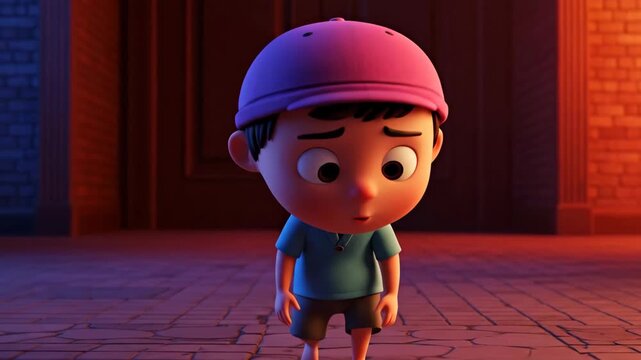 Cartoon boy with surprised expression standing on brick pathway near door