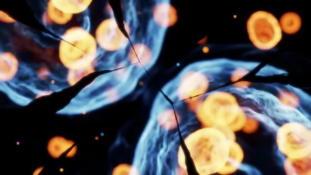 Abstract cell structure with glowing spots and dark branching, digital art science - Powered by Adobe