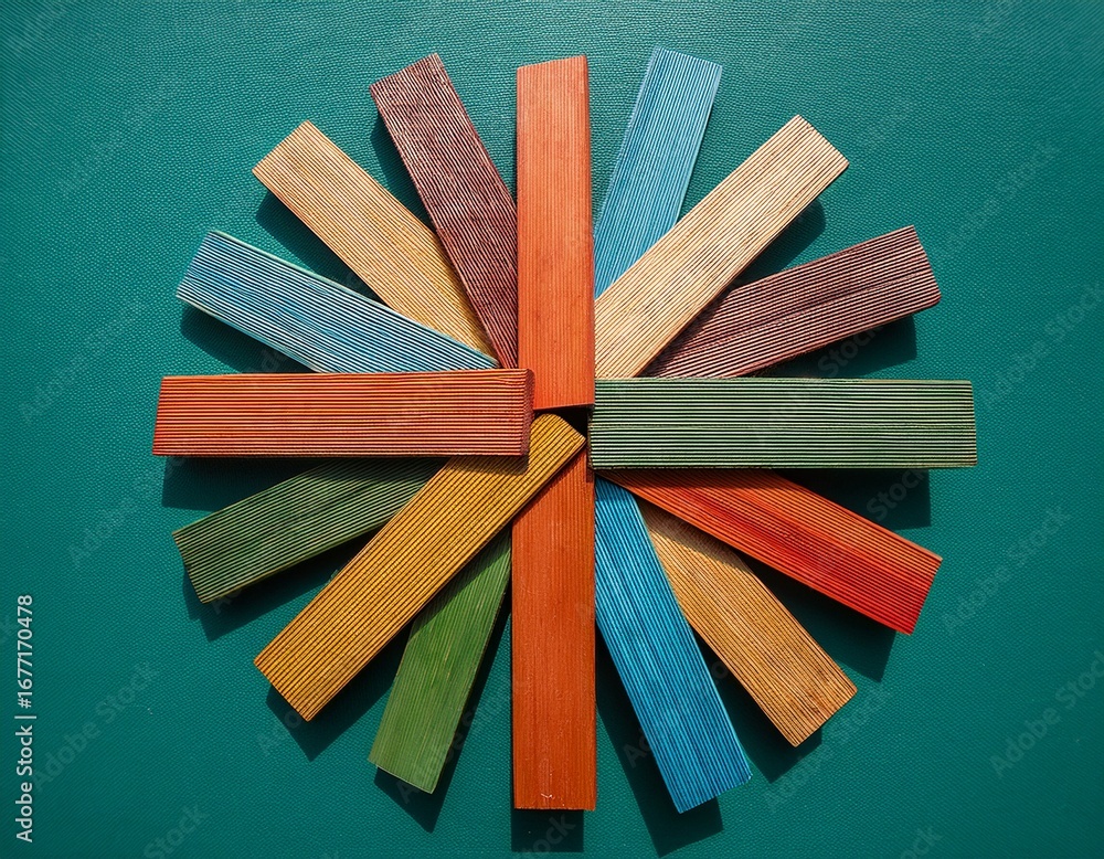 Aufkleber colorful wooden slats forming an eight pointed star against a teal background creating a visually ap