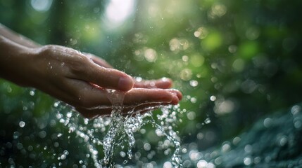 Human Hand Catching Fresh Flowing Water in Natural Forest Stream with Soft Sunlight