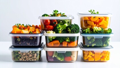 Stacked glass containers filled with fresh vegetables—broccoli, tomatoes, bell peppers, cauliflower, peas, sweet potatoes—on white surface, clean and healthy meal prep aesthetic.