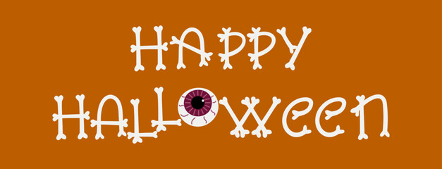 Happy Halloween text with bone style letters and spooky eyeball on orange background. Fun holiday design for party decoration, card or banner. Vector illustration