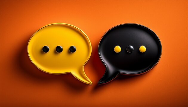 two speech bubbles one yellow and one black are pausing on an orange background suggesting a break in conversation