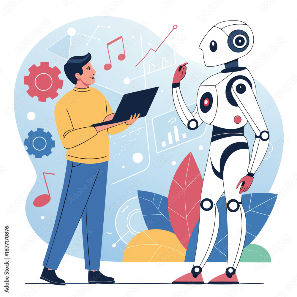 Poster vector art of a man with a laptop is interacting with a robot, showcasing the collaboration between 