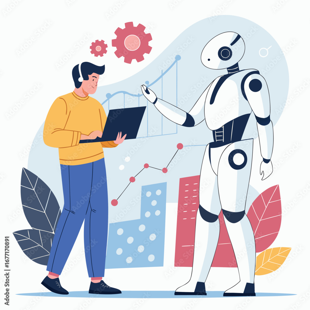 Poster vector art of a man with a laptop is interacting with a robot, showcasing the collaboration between 
