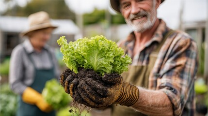 Senior Farmer Holding Fresh Lettuce Harvest in Organic Garden with Natural Light