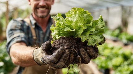 Senior Farmer Holding Fresh Lettuce Harvest in Organic Garden with Natural Light