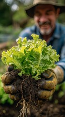 Organic Farming Concept with Senior Gardener Holding Freshly Harvested Lettuce
