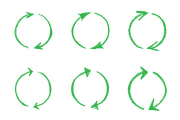 Set of hand drawn recycle arrow icon Recycling resources symbol Reuse of materials, zero waste, green environment, saving the planet