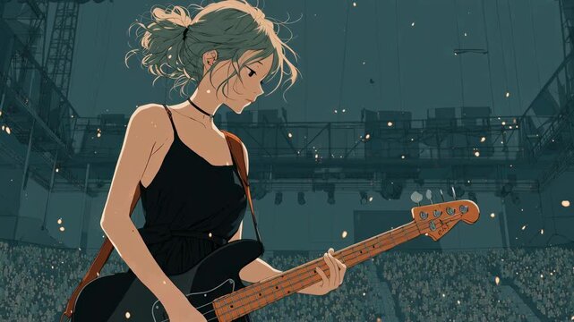 Anime girl playing bass guitar on stage with crowd illustration art