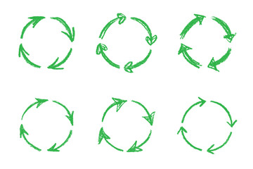 Set of hand drawn recycle arrow icon Recycling resources symbol Reuse of materials, zero waste, green environment, saving the planet