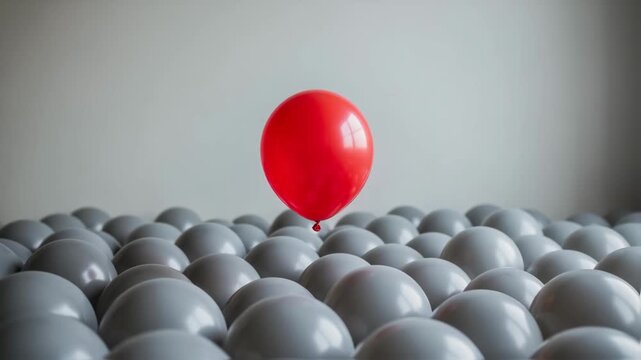 A single red balloon floats above a field of gray balloons, a minimalist and abstract concept representing leadership, individuality, creativity, and standing out from the competition