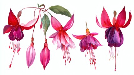 Fototapeta premium A collection of fuchsia flowers in various stages of bloom, showcasing vibrant pink and purple hues, with delicate petals and green leaves
