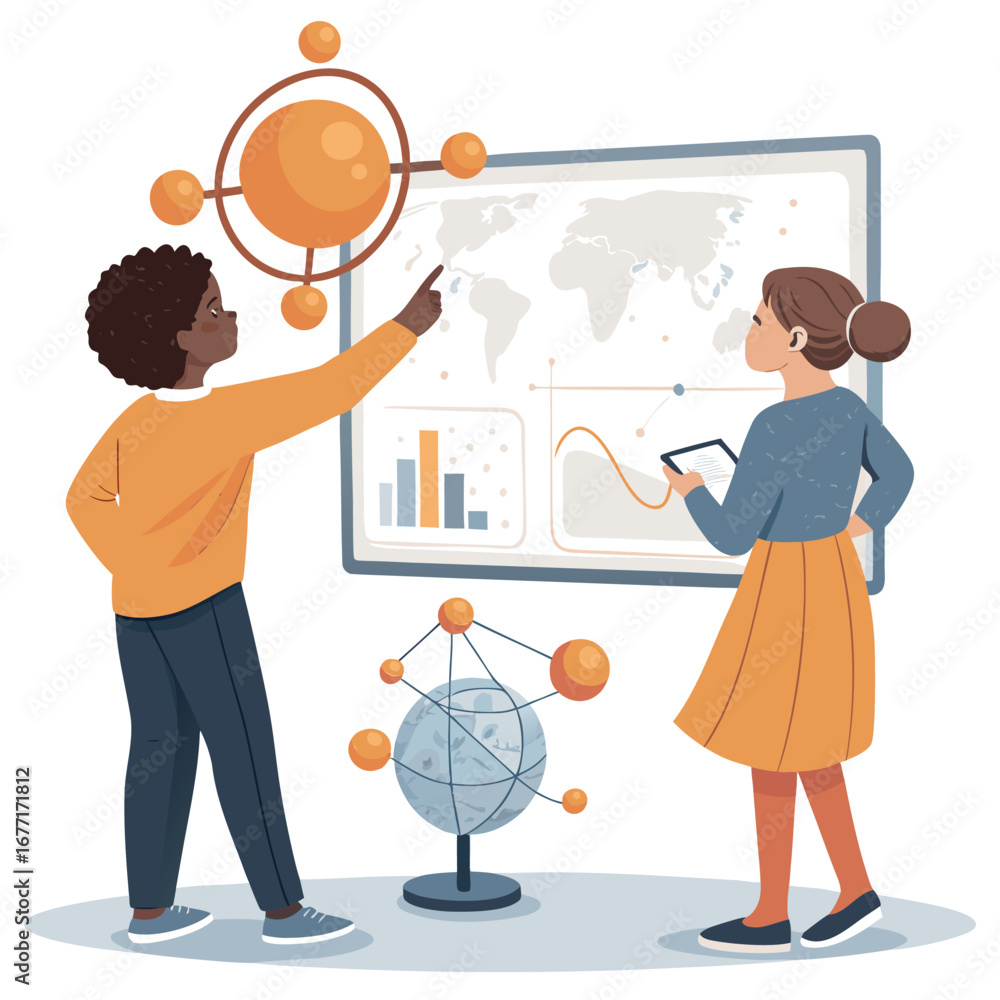 Poster vector art of two students are presenting a science project, discussing data, and pointing at a worl