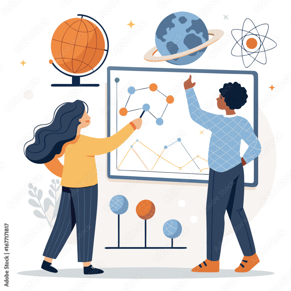 Poster vector art of two students are presenting a science project, discussing data, and pointing at a char