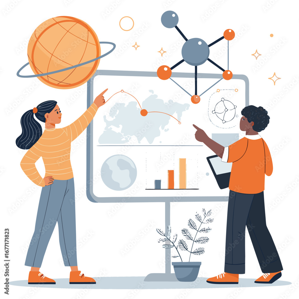 Poster vector art of two students are presenting a science project, discussing data, and pointing at a worl