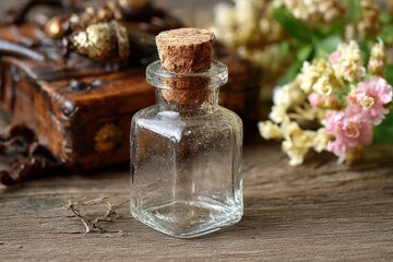 A square glass bottle with a cork stopper on a wooden surface. Perfect for mockups or design, and showing natural remedies.